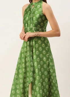 Green Art Silk Digital Printed Halter Neck Dress Festive Wear