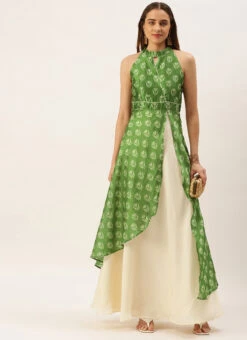Green Art Silk Digital Printed Halter Neck Dress Festive Wear -C Bazaar Shop Green Art Silk Digital Printed Halter Neck Dress DRBS02210996 u
