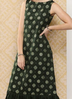 Green Art Silk Foil Print Dress After Six Wear