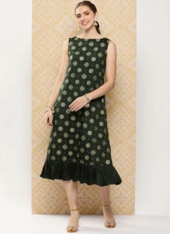 Green Art Silk Foil Print Dress After Six Wear -C Bazaar Shop Green Art Silk Foil Print Dress DRBS02301118 u