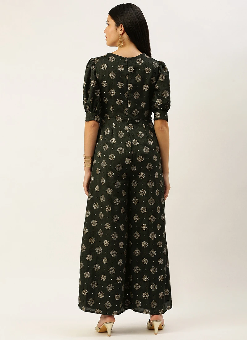 Green Art Silk Foil Print Jumpsuit Festive Wear 4 Green Art Silk Foil Print Jumpsuit Festive Wear - Image 4