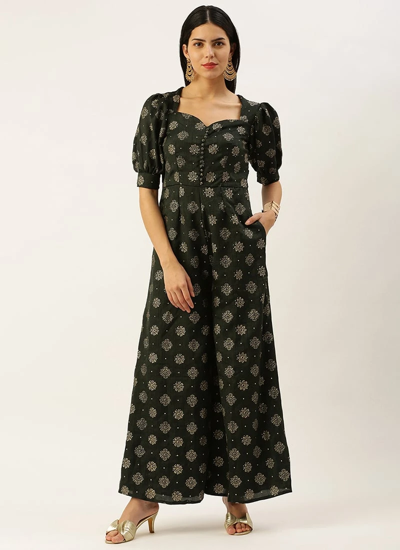 Green Art Silk Foil Print Jumpsuit Festive Wear 3 Green Art Silk Foil Print Jumpsuit Festive Wear - Image 3