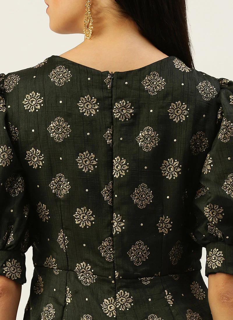 Green Art Silk Foil Print Jumpsuit Festive Wear 6 Green Art Silk Foil Print Jumpsuit Festive Wear - Image 6