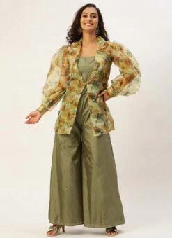 Green Art Silk Jumpsuit N Yellow Organza Jacket After Six Wear -C Bazaar Shop Green Art Silk Jumpsuit N Yellow Organza Jacket DRBS02301065 u