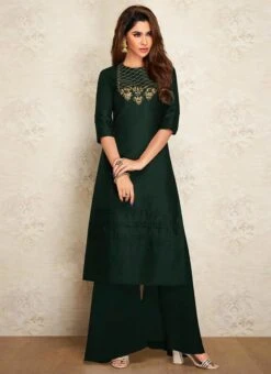 Green Art Silk Kurta Palazzo Set Work Wear -C Bazaar Shop Green Art Silk Kurta Palazzo Set KRSDMF1064TBEBG u