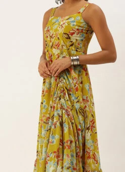 Green Asymmetric Gathered Gown Party Wear