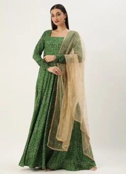 Dupatta From Green Bandhani Printed Rayon Gown With Dupatta Set After Six Wear -C Bazaar Shop Green Bandhani Printed Rayon Gown With Dupatta Set IWBS02302294 u