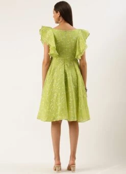 Green Blended Cotton Foil Printed Ruffled Dress After Six Wear Festive Wear -C Bazaar Shop Green Blended Cotton Foil Printed Ruffled Dress DRBS02205991 b 1