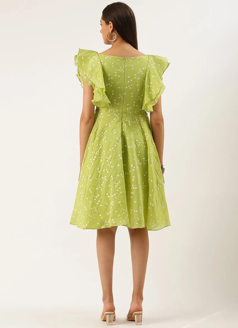 Green Blended Cotton Foil Printed Ruffled Dress After Six Wear 4 Green Blended Cotton Foil Printed Ruffled Dress After Six Wear - Image 4