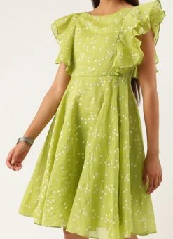 Green Blended Cotton Foil Printed Ruffled Dress After Six Wear Festive Wear