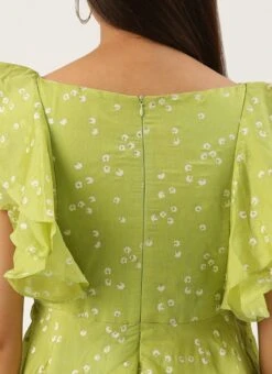 Green Blended Cotton Foil Printed Ruffled Dress After Six Wear Festive Wear -C Bazaar Shop Green Blended Cotton Foil Printed Ruffled Dress DRBS02205991 rrc2 1