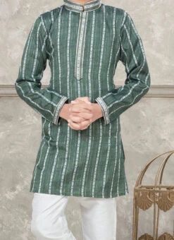 Green Blended Cotton Kids Boys Kurta Pyjama Party Wear