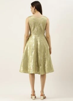 Green Brocade Boat Neck Flared Dress Wedding Wear -C Bazaar Shop Green Brocade Boat Neck Flared Dress DRBS02105388 b