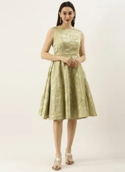 Green Brocade Boat Neck Flared Dress Wedding Wear -C Bazaar Shop Green Brocade Boat Neck Flared Dress DRBS02105388 u