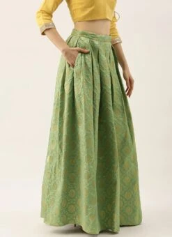 Green Brocade Box Pleated Skirt Festive Wear