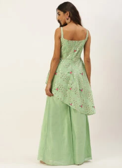 Green Chanderi Embroidered Jumpsuit Festive Wear Party Wear -C Bazaar Shop Green Chanderi Embroidered Jumpsuit DRBS02207361 b