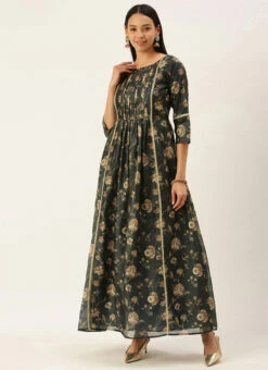 Green Chanderi Printed Floral Maxi Dress Festive Wear -C Bazaar Shop Green Chanderi Printed Floral Maxi Dress DRBS02111084 u
