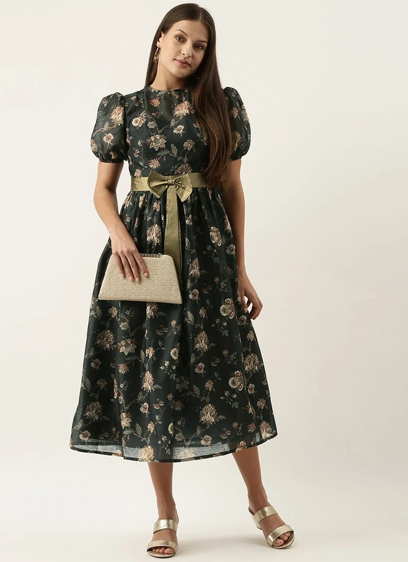 Green Chanderi Silk Puff Sleeve Dress After Six Wear 3 Green Chanderi Silk Puff Sleeve Dress After Six Wear - Image 3