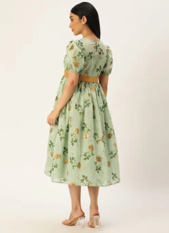 Green Chanderi Silk Puff Sleeve Dress Festive Wear 11 Green Chanderi Silk Puff Sleeve Dress Festive Wear -C Bazaar Shop Green Chanderi Silk Puff Sleeve Dress DRBS02303880 b