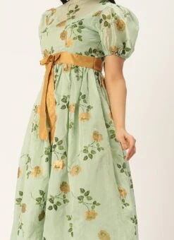 Green Chanderi Silk Puff Sleeve Dress Festive Wear