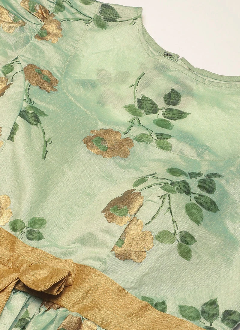 Green Chanderi Silk Puff Sleeve Dress Festive Wear 5 Green Chanderi Silk Puff Sleeve Dress Festive Wear - Image 5