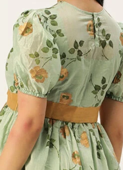 Green Chanderi Silk Puff Sleeve Dress Festive Wear 13 Green Chanderi Silk Puff Sleeve Dress Festive Wear -C Bazaar Shop Green Chanderi Silk Puff Sleeve Dress DRBS02303880 rrc2