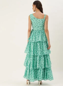 Green Chinon Digital Printed Layered Gown Party Wear -C Bazaar Shop Green Chinon Digital Printed Layered Gown IWBS02307659 b