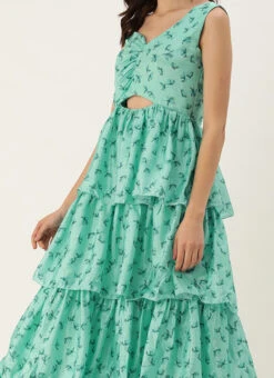 Green Chinon Digital Printed Layered Gown Party Wear
