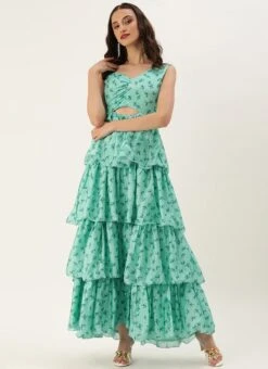 Green Chinon Digital Printed Layered Gown Party Wear -C Bazaar Shop Green Chinon Digital Printed Layered Gown IWBS02307659 u