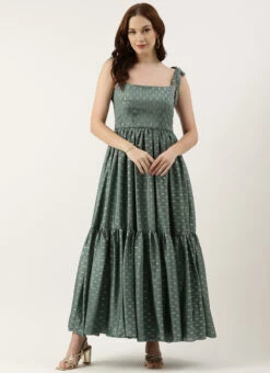 Green Chinon Foil Printed Maxi Dress Festive Wear -C Bazaar Shop Green Chinon Foil Printed Maxi Dress DRBS02212617 u