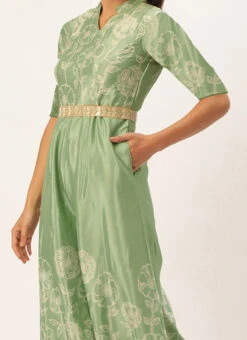 Green Digital Print Chinon Jumpsuit Festive Wear