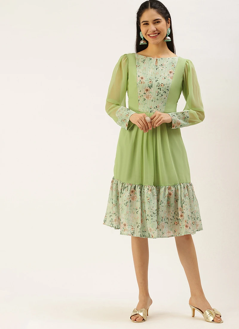 Green Digital Printed Dress Festive Wear 3 Green Digital Printed Dress Festive Wear - Image 3