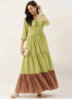 Green Embroidered Floor Length Gathers Dress After Six Wear -C Bazaar Shop Green Embroidered Floor Length Gathers Dress DRBS02012712 u