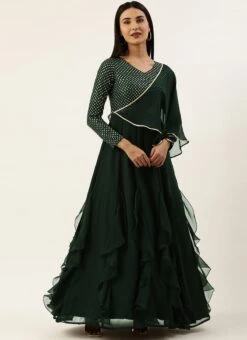 Green Embroidered Georgette Kali Flared Gown Party Wear -C Bazaar Shop Green Embroidered Georgette Kali Flared Gown IWBS02208519 u