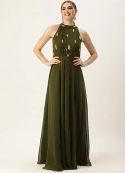 Green Embroidered Halter Neck Gown Festive Wear 10 Green Embroidered Halter Neck Gown Festive Wear -C Bazaar Shop Green Embroidered Halter Neck Gown IWBS02305137 u