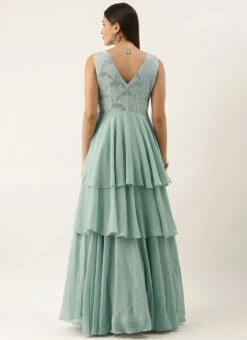 Green Embroidered Layered Gown Party Wear -C Bazaar Shop Green Embroidered Layered Gown IWBS02201250 b