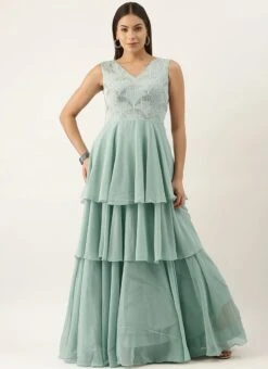 Green Embroidered Layered Gown Party Wear -C Bazaar Shop Green Embroidered Layered Gown IWBS02201250 u