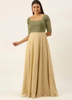 Green Embroidered N Beige Floor Length Gown Festive Wear -C Bazaar Shop Green Embroidered N Beige Floor Length Gown IWBS02111104 u