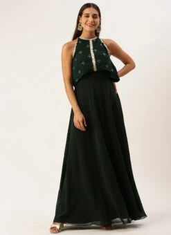 Green Georgette Embroidered Dress Festive Wear -C Bazaar Shop Green Georgette Embroidered Dress DRBS02212609 u