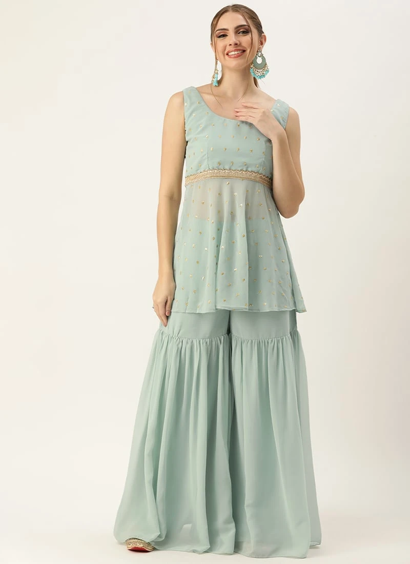 Bottom From Green Georgette Embroidered Gharara Set After Six Wear 3 Bottom From Green Georgette Embroidered Gharara Set After Six Wear - Image 3