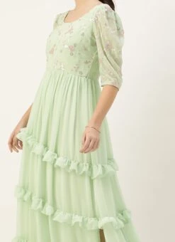 Green Georgette Embroidered Ruffle Maxi Dress Festive Wear