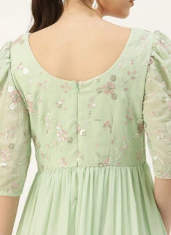 Green Georgette Embroidered Ruffle Maxi Dress Festive Wear -C Bazaar Shop Green Georgette Embroidered Ruffle Maxi Dress DRBS02305167 rrc2