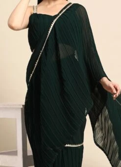 Green Georgette Pleated Ruffle Saree Festive Wear
