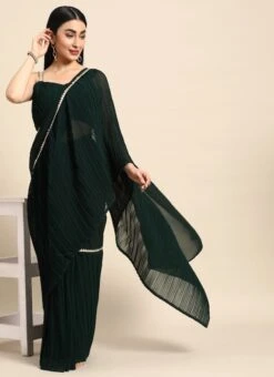 Green Georgette Pleated Ruffle Saree Festive Wear -C Bazaar Shop Green Georgette Pleated Ruffle Saree SABS02301091 u
