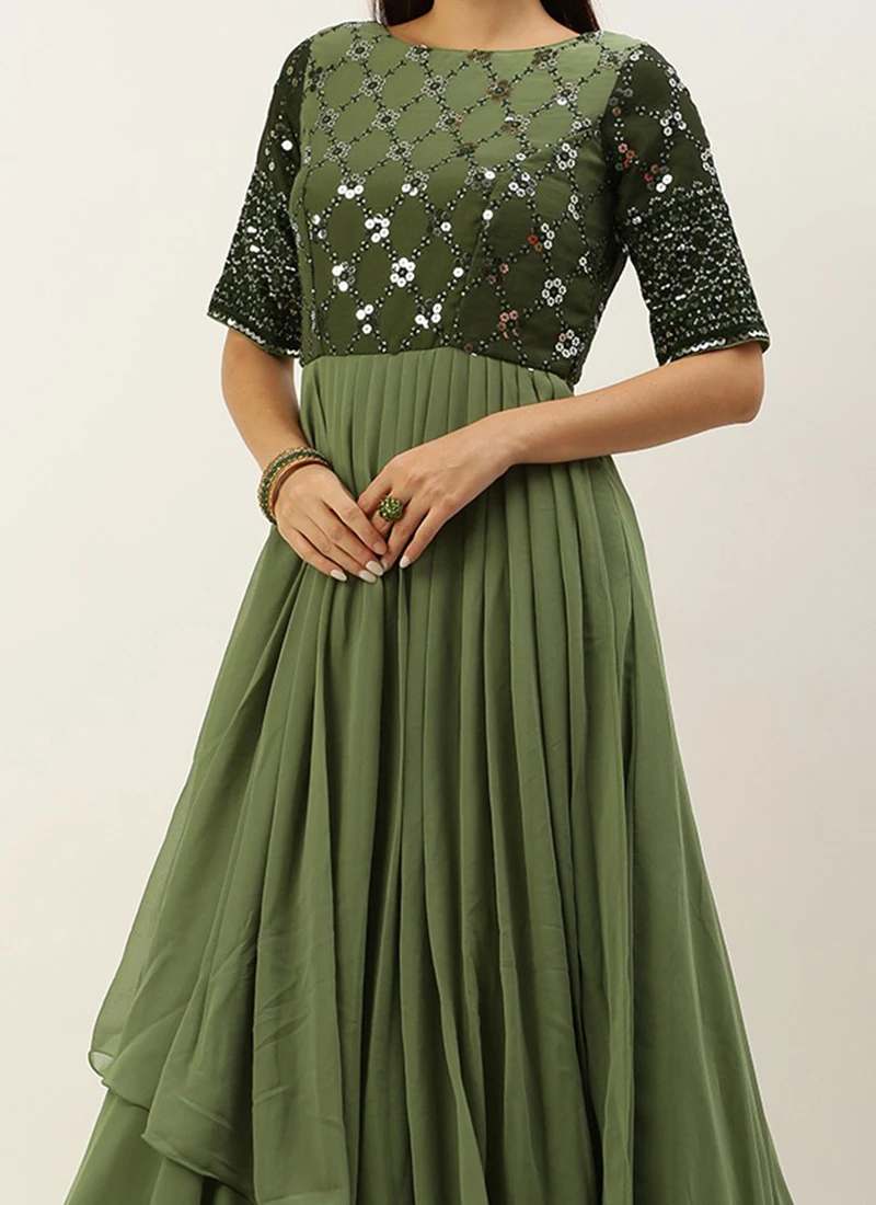Green Georgette Sequins Embroidery Gown Festive Wear 1 Green Georgette Sequins Embroidery Gown Festive Wear
