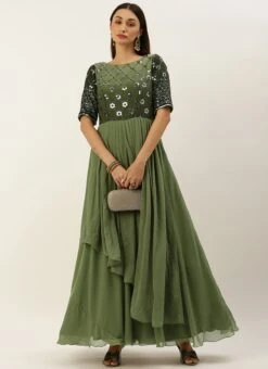 Green Georgette Sequins Embroidery Gown Festive Wear 10 Green Georgette Sequins Embroidery Gown Festive Wear -C Bazaar Shop Green Georgette Sequins Embroidery Gown IWBS02301765 u
