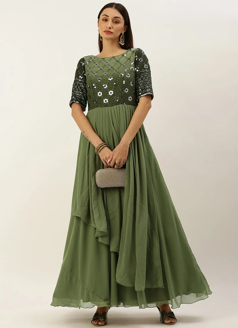 Green Georgette Sequins Embroidery Gown Festive Wear 3 Green Georgette Sequins Embroidery Gown Festive Wear - Image 3