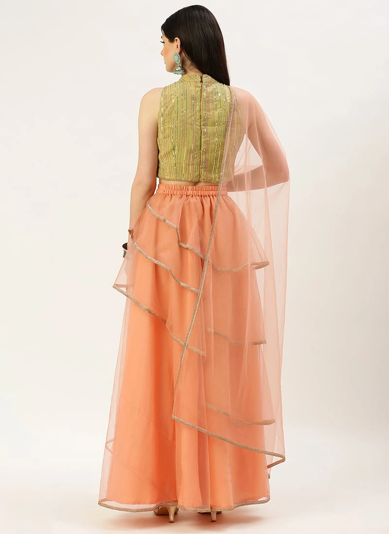 Dupatta From Green Georgette Sequins N Peach Net Lehenga After Six Wear 4 Dupatta From Green Georgette Sequins N Peach Net Lehenga After Six Wear - Image 4