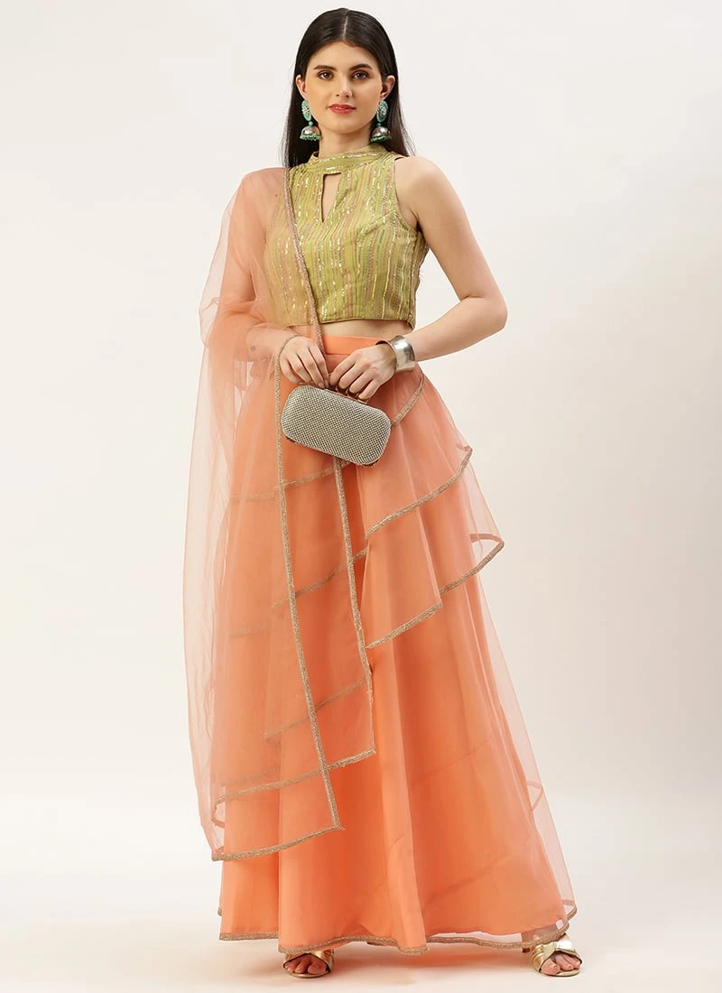 Dupatta From Green Georgette Sequins N Peach Net Lehenga After Six Wear 3 Dupatta From Green Georgette Sequins N Peach Net Lehenga After Six Wear - Image 3