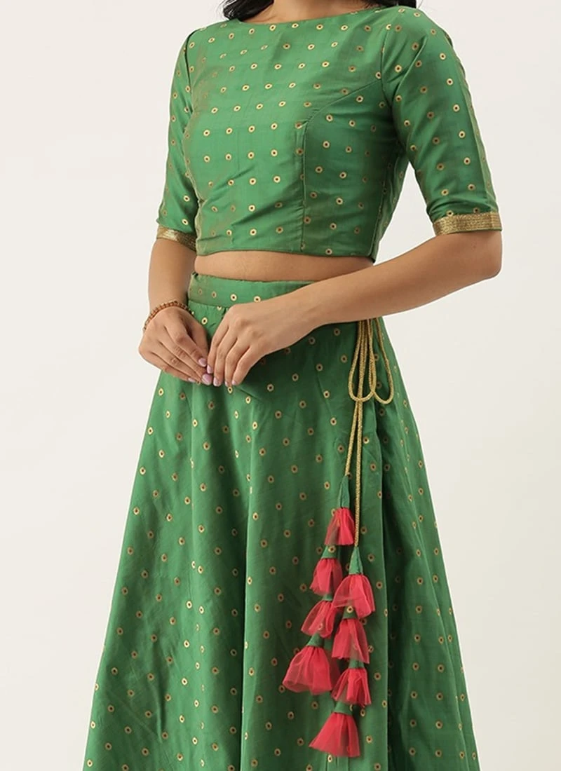 Green Jacquard Boat Neck Choli N Lehenga Set Festive Wear 1 Green Jacquard Boat Neck Choli N Lehenga Set Festive Wear